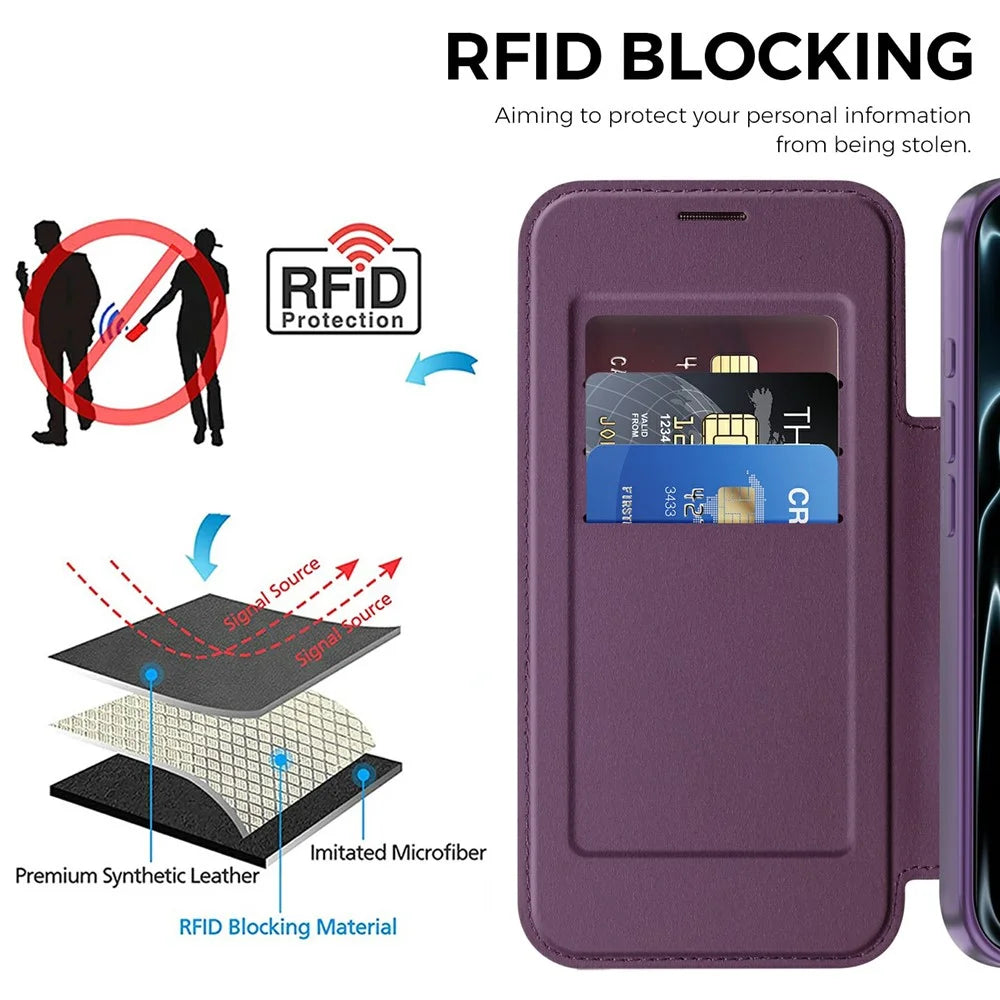 For iPhone 18 Pro Magnetic Case RFID Blocking Card Holder Rhombus PU Leather Phone Cover with Lens Film - Dark Purple - 5