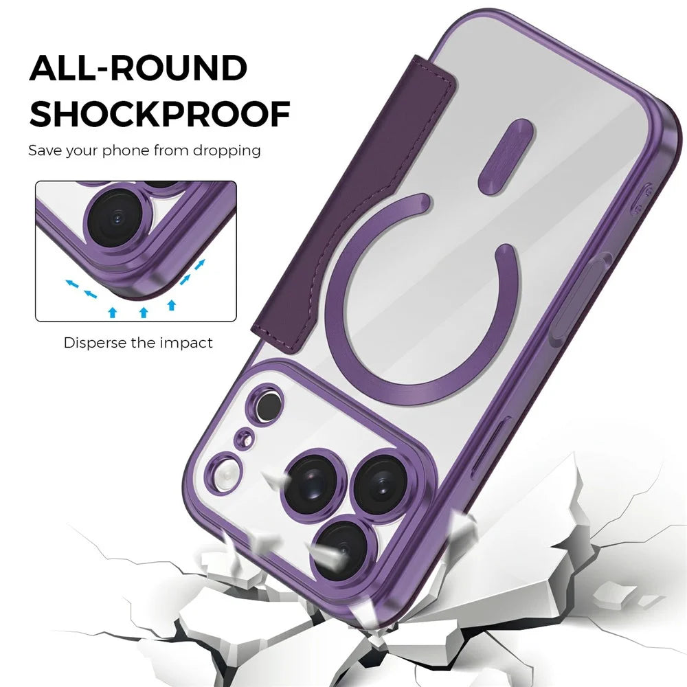 For iPhone 18 Pro Magnetic Case RFID Blocking Card Holder Rhombus PU Leather Phone Cover with Lens Film - Dark Purple - 6