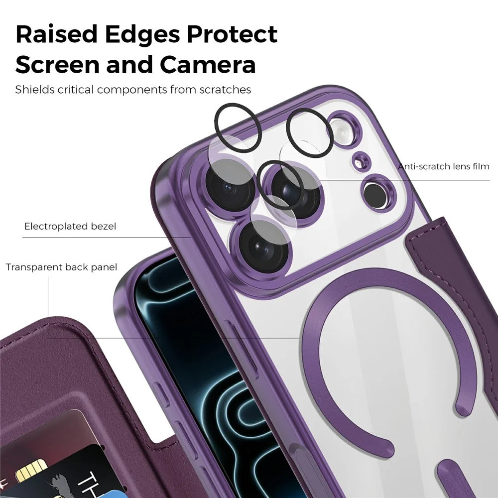 For iPhone 18 Pro Magnetic Case RFID Blocking Card Holder Rhombus PU Leather Phone Cover with Lens Film - Dark Purple - 7