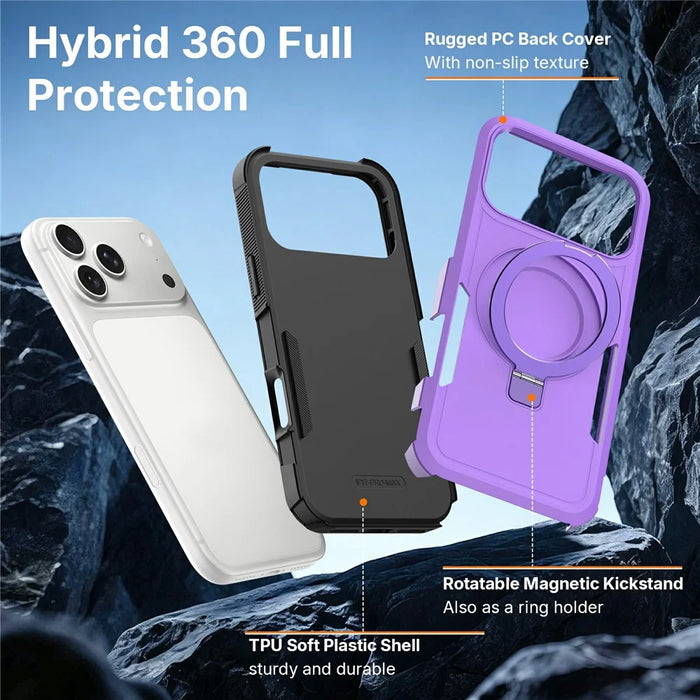 For iPhone 17 Pro Max Case Magnetic Rotatable Kickstand PC + TPU Phone Protective Cover - Purple+Black - 7