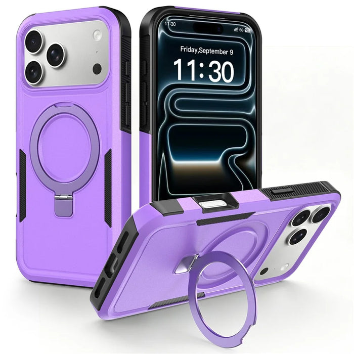 For iPhone 17 Pro Case Magnetic Rotatable Kickstand PC + TPU Phone Protective Cover - Purple+Black - 1