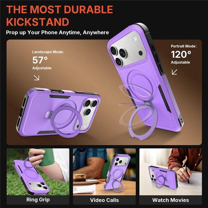 For iPhone 17 Pro Case Magnetic Rotatable Kickstand PC + TPU Phone Protective Cover - Purple+Black - 4