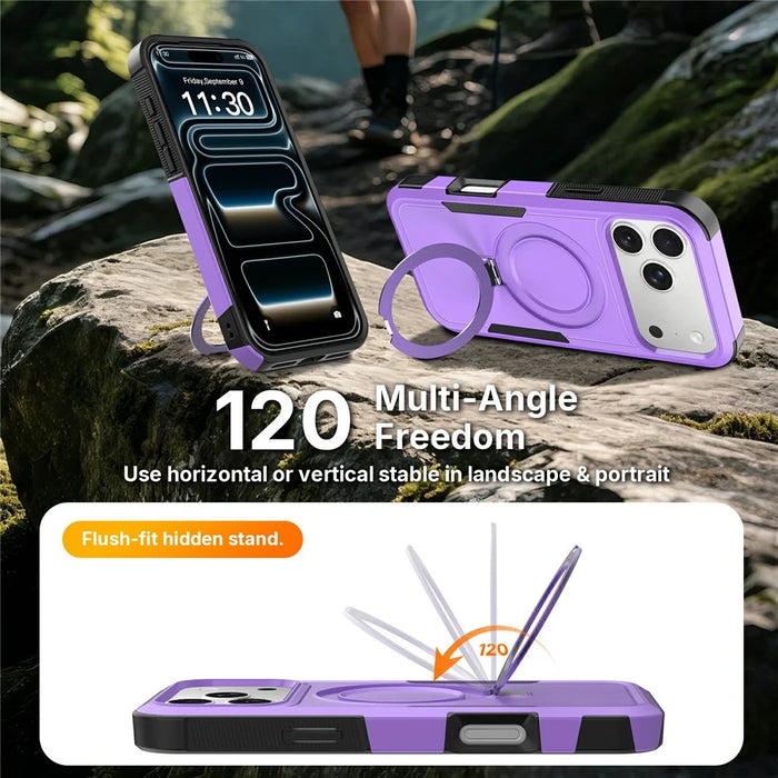 For iPhone 17 Pro Case Magnetic Rotatable Kickstand PC + TPU Phone Protective Cover - Purple+Black - 5