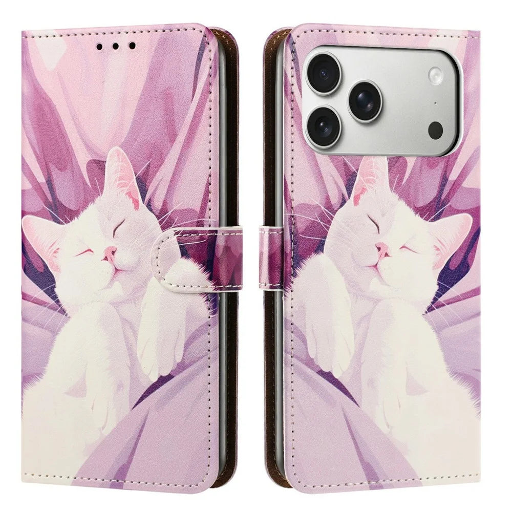 For iPhone 17 Pro Max Case Pattern Printed Wallet Flip Stand PU Leather Phone Cover with Wrist Strap - Sleeping Cat - 1