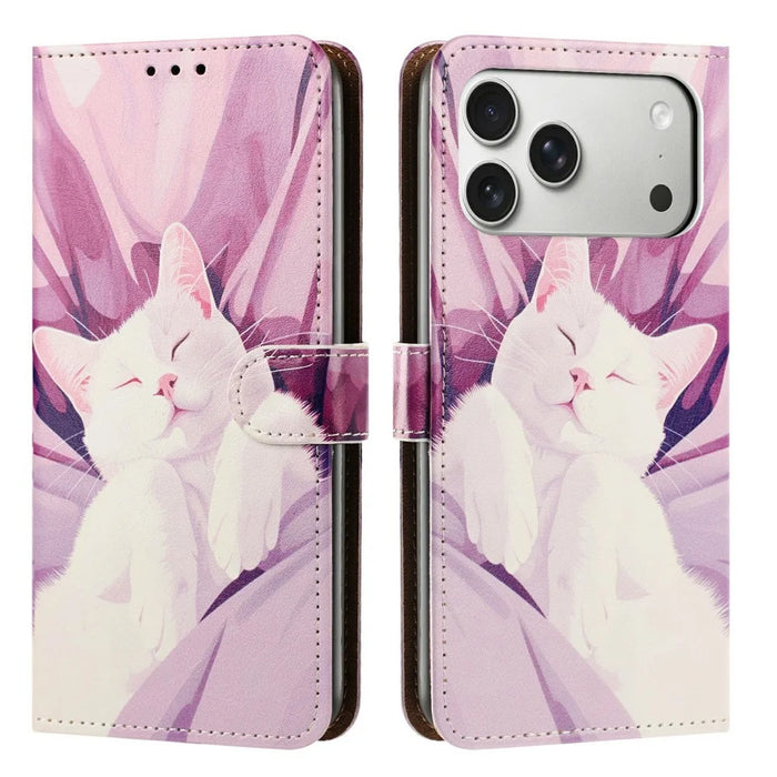 For iPhone 17 Pro Max Case Pattern Printed Wallet Flip Stand PU Leather Phone Cover with Wrist Strap - Sleeping Cat - 1