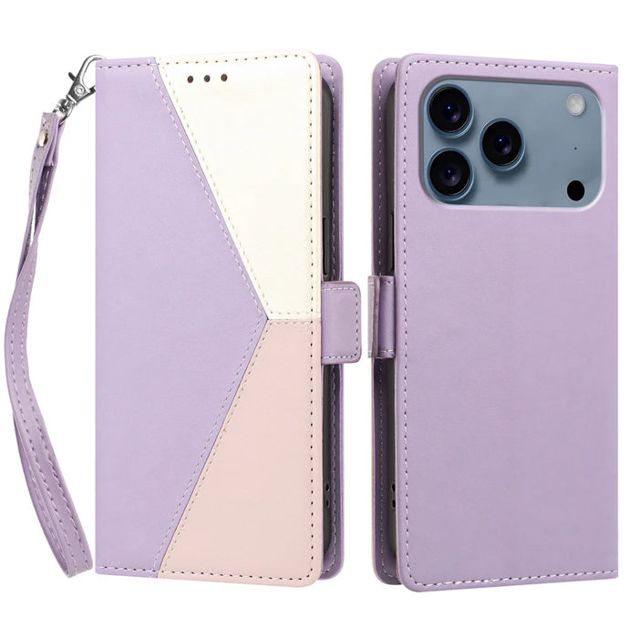 For iPhone 17 Pro / iPhone 18 Pro Case Color Stitching RFID Blocking Wallet Flip Leather Phone Cover with Wrist Strap - Light Purple - 1