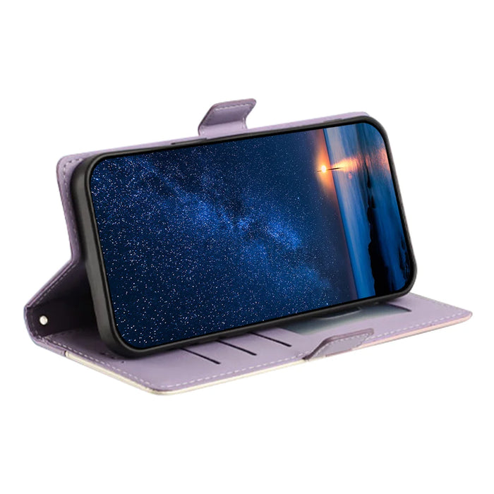 For iPhone 17 Pro / iPhone 18 Pro Case Color Stitching RFID Blocking Wallet Flip Leather Phone Cover with Wrist Strap - Light Purple - 2