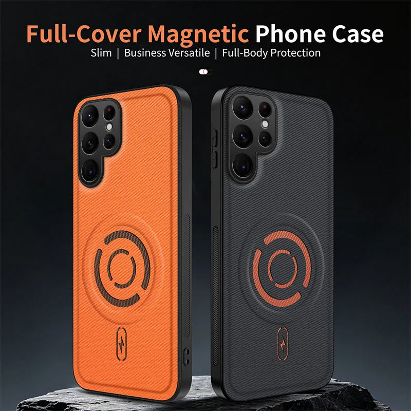 WANLONFENG for Samsung Galaxy S24 Ultra KJB Series Magnetic Case Tech Fabric Texture PC+TPU Shockproof Phone Cover - Black - 6