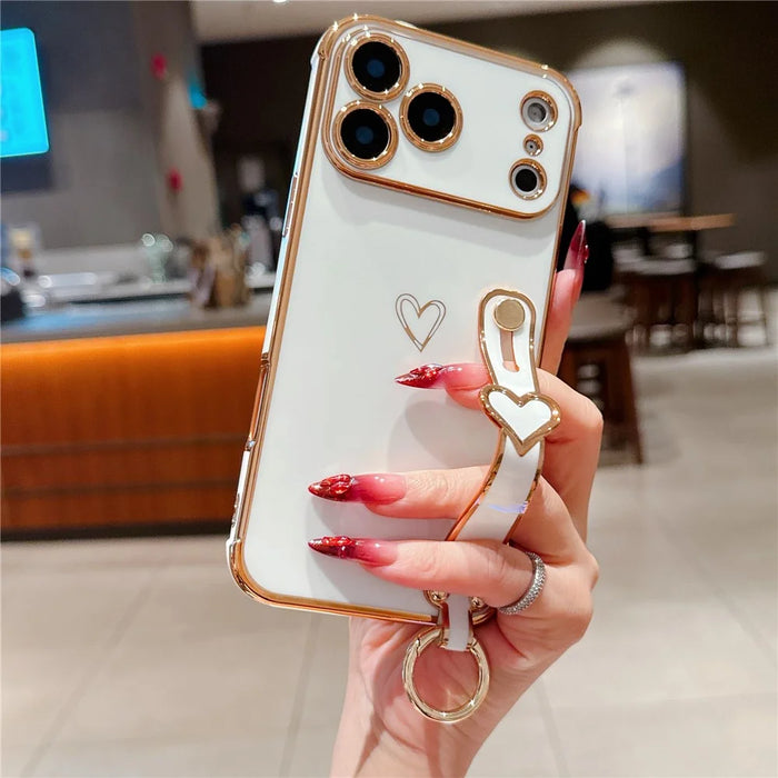 For iPhone 17 Pro Max Case Electroplated Heart Pattern TPU Phone Back Cover with Wristband Kickstand - Ivory White - 2