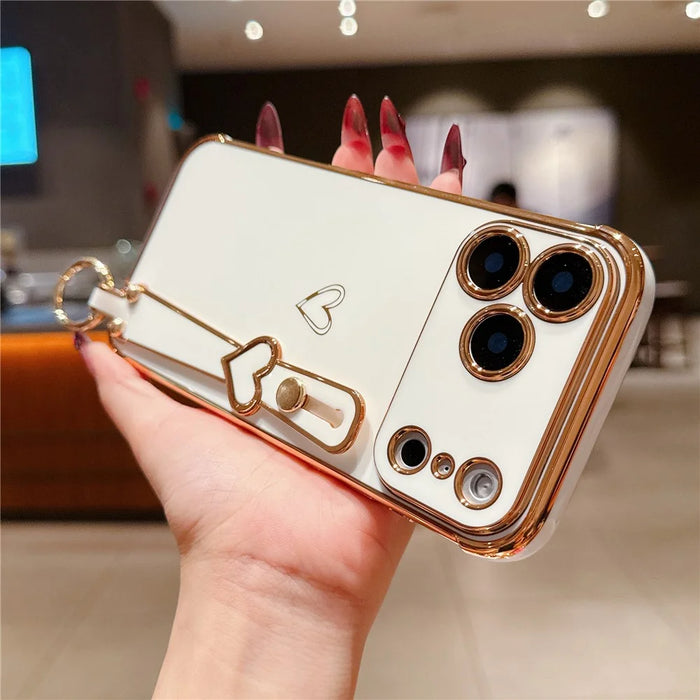 For iPhone 17 Pro Max Case Electroplated Heart Pattern TPU Phone Back Cover with Wristband Kickstand - Ivory White - 3