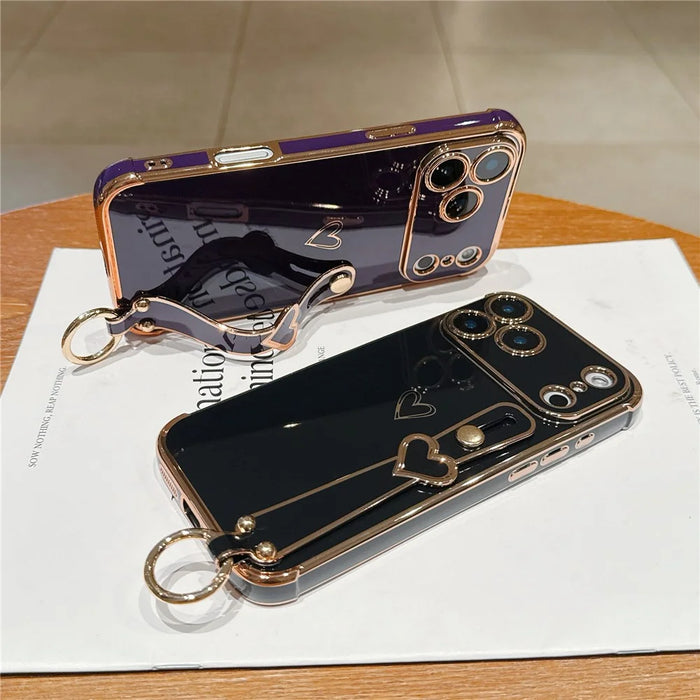 For iPhone 17 Pro Max Case Electroplated Heart Pattern TPU Phone Back Cover with Wristband Kickstand - Ivory White - 6