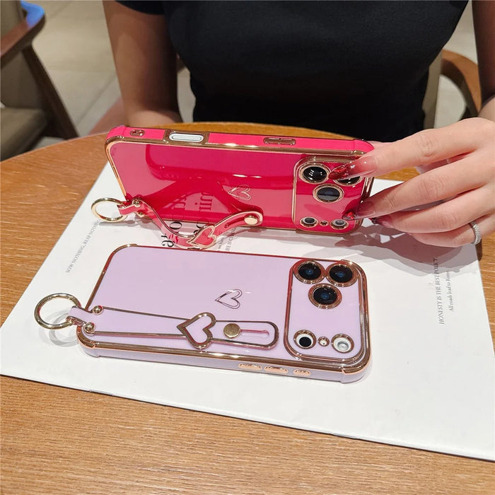 For iPhone 17 Pro Max Case Electroplated Heart Pattern TPU Phone Back Cover with Wristband Kickstand - Ivory White - 7