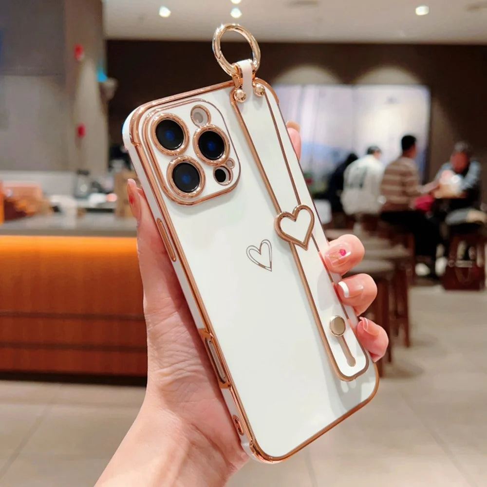 For iPhone 16 Pro Max Case Electroplated Heart Pattern TPU Phone Back Cover with Wristband Kickstand - Ivory White - 2