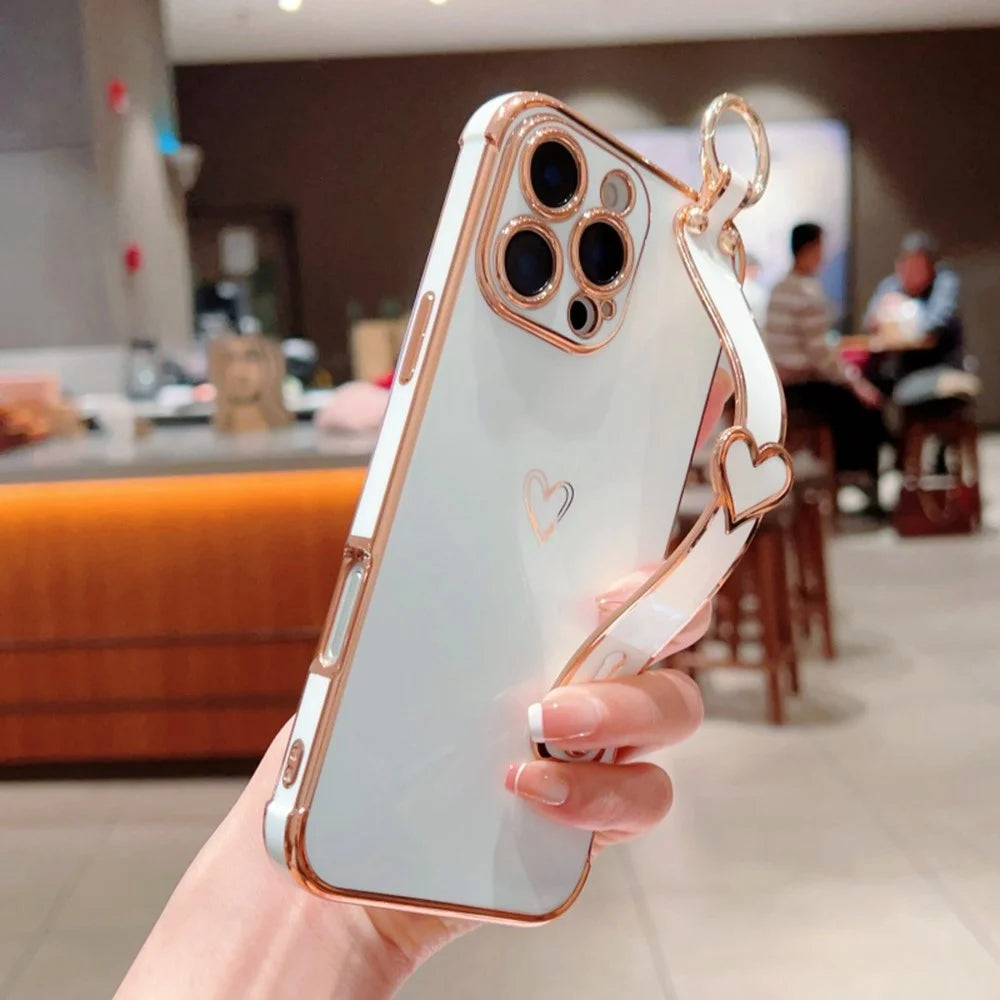 For iPhone 16 Pro Max Case Electroplated Heart Pattern TPU Phone Back Cover with Wristband Kickstand - Ivory White - 3