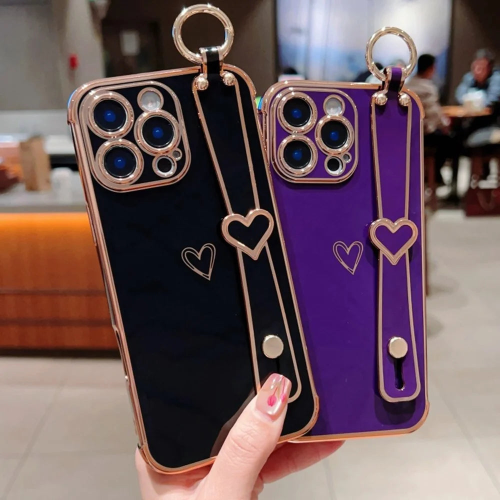 For iPhone 16 Pro Max Case Electroplated Heart Pattern TPU Phone Back Cover with Wristband Kickstand - Ivory White - 7