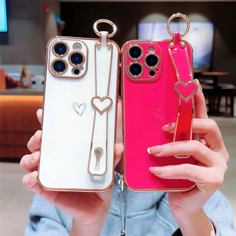 For iPhone 16 Pro Case Electroplated Heart Pattern TPU Phone Back Cover with Wristband Kickstand - Ivory White - 6
