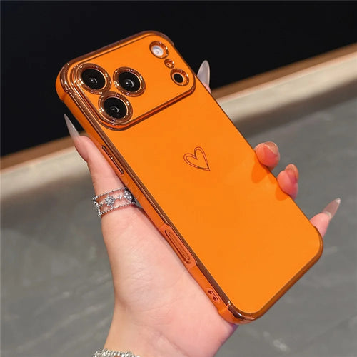 For iPhone 17 Pro Max Case Love Heart Pattern TPU Phone Cover Electroplating Edge - Orange - 1