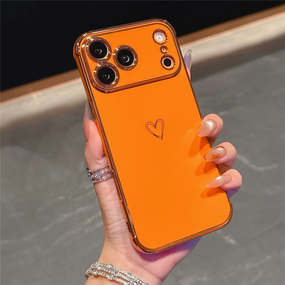 For iPhone 17 Pro Max Case Love Heart Pattern TPU Phone Cover Electroplating Edge - Orange - 2