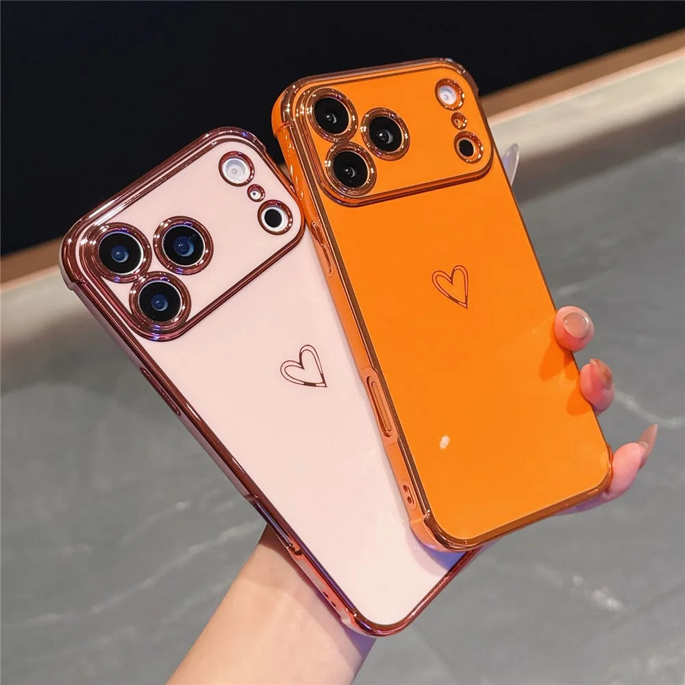For iPhone 17 Pro Max Case Love Heart Pattern TPU Phone Cover Electroplating Edge - Orange - 4