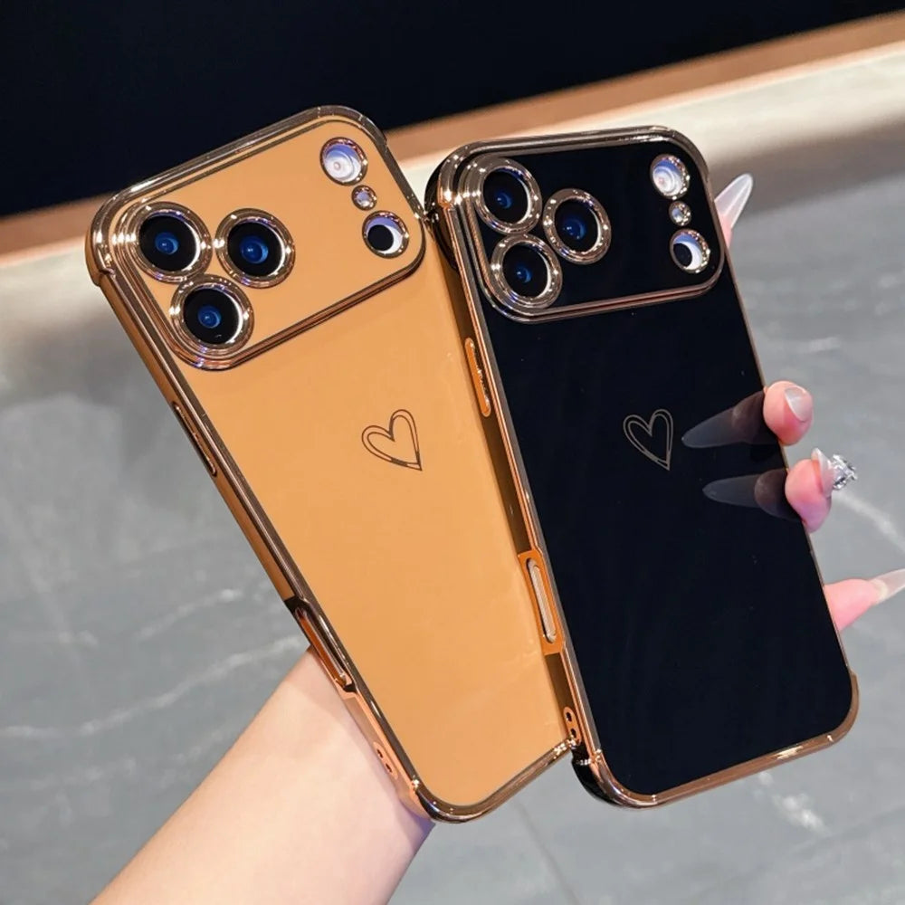 For iPhone 17 Pro Max Case Love Heart Pattern TPU Phone Cover Electroplating Edge - Orange - 5