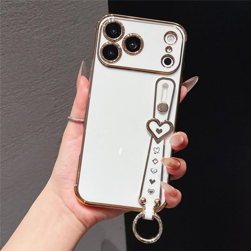 For iPhone 17 Pro Max Case Heart Wristband Kickstand Electroplated TPU Phone Cover - Ivory White - 1