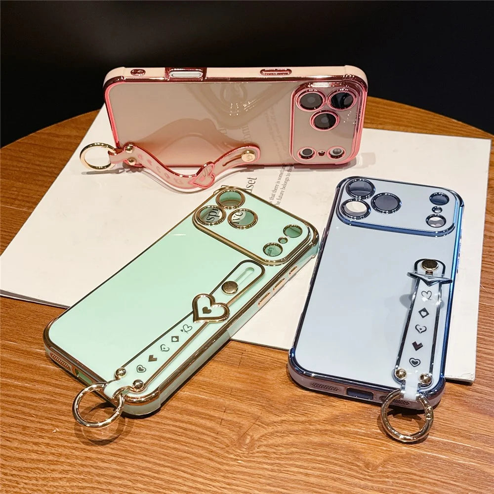 For iPhone 17 Pro Max Case Heart Wristband Kickstand Electroplated TPU Phone Cover - Ivory White - 7