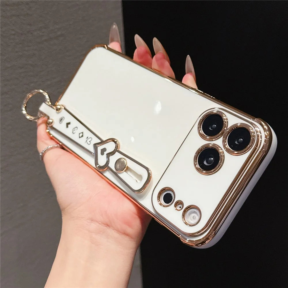 For iPhone  18 Pro / 17  Pro Case Heart Wristband Kickstand Electroplated TPU Phone Cover - Ivory White - 2
