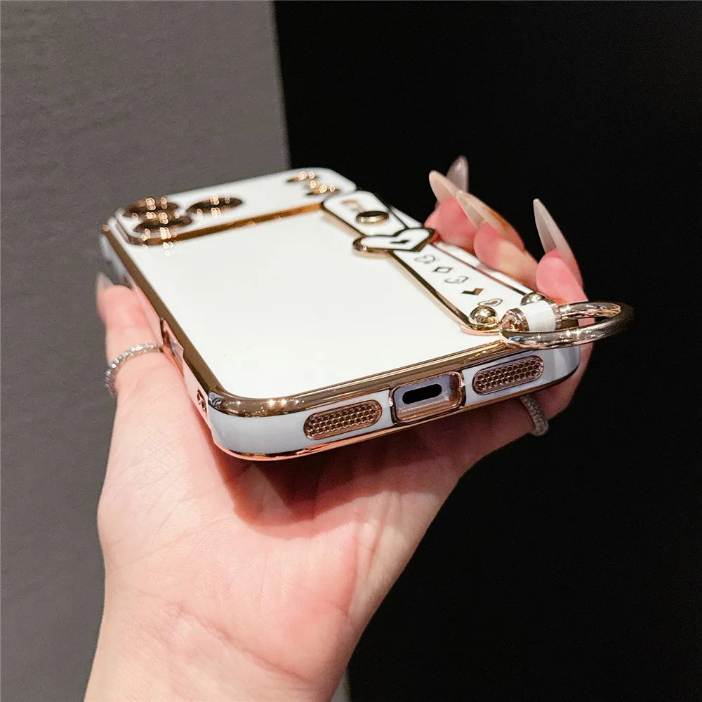 For iPhone  18 Pro / 17  Pro Case Heart Wristband Kickstand Electroplated TPU Phone Cover - Ivory White - 3