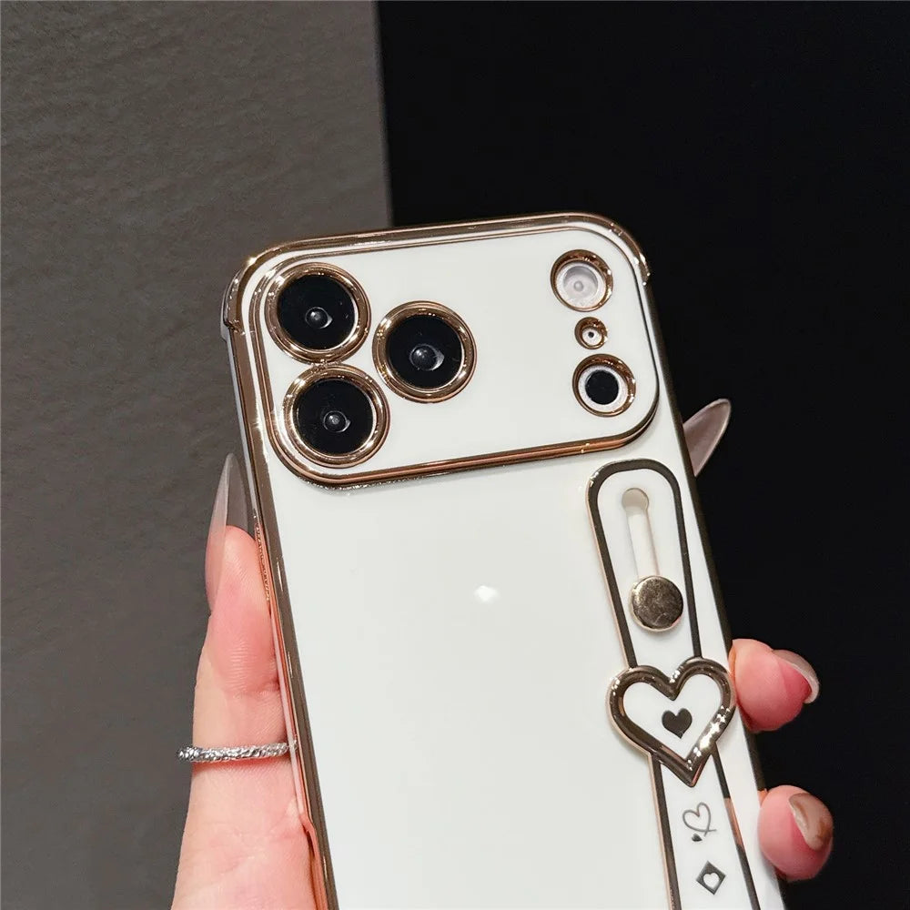 For iPhone  18 Pro / 17  Pro Case Heart Wristband Kickstand Electroplated TPU Phone Cover - Ivory White - 4