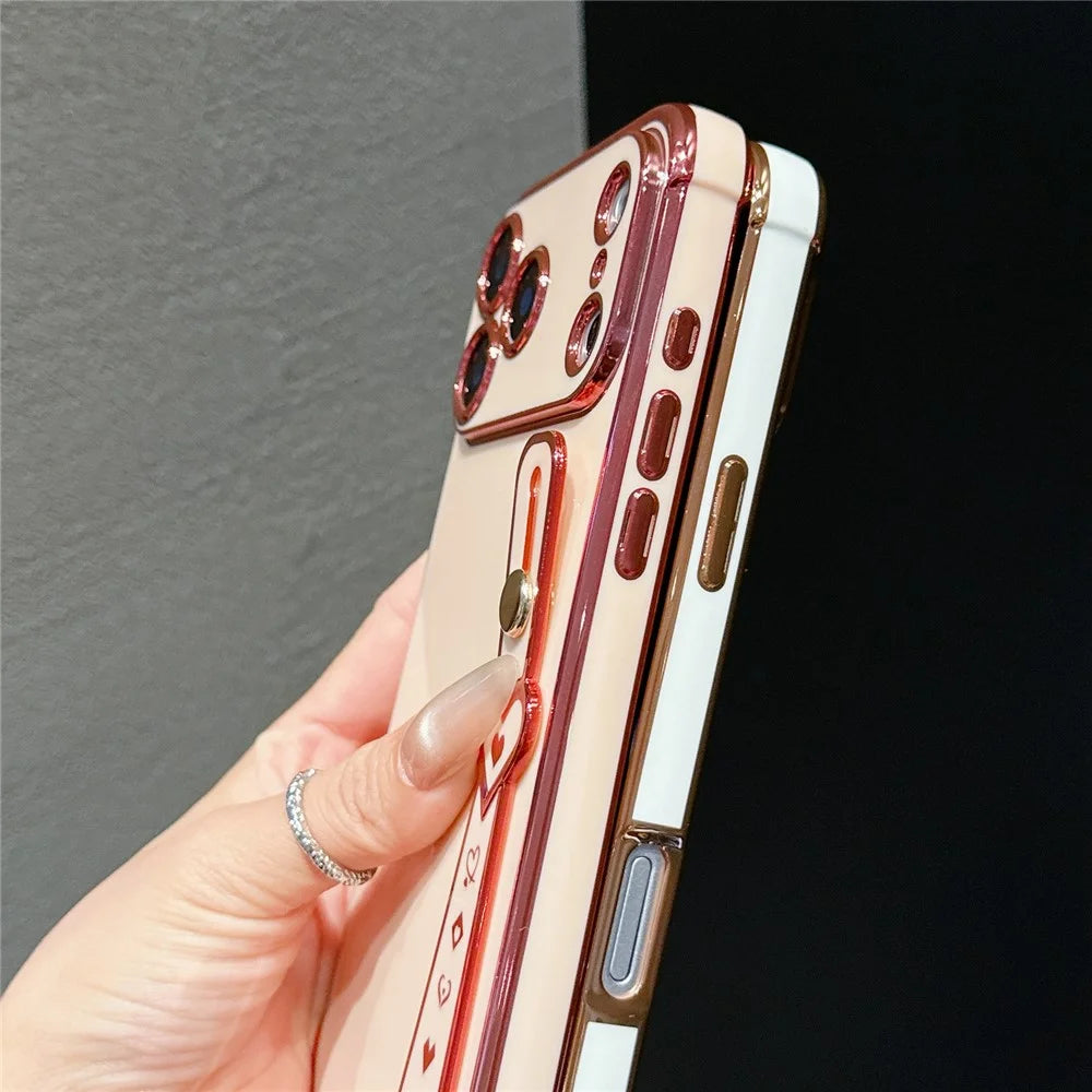 For iPhone  18 Pro / 17  Pro Case Heart Wristband Kickstand Electroplated TPU Phone Cover - Ivory White - 5