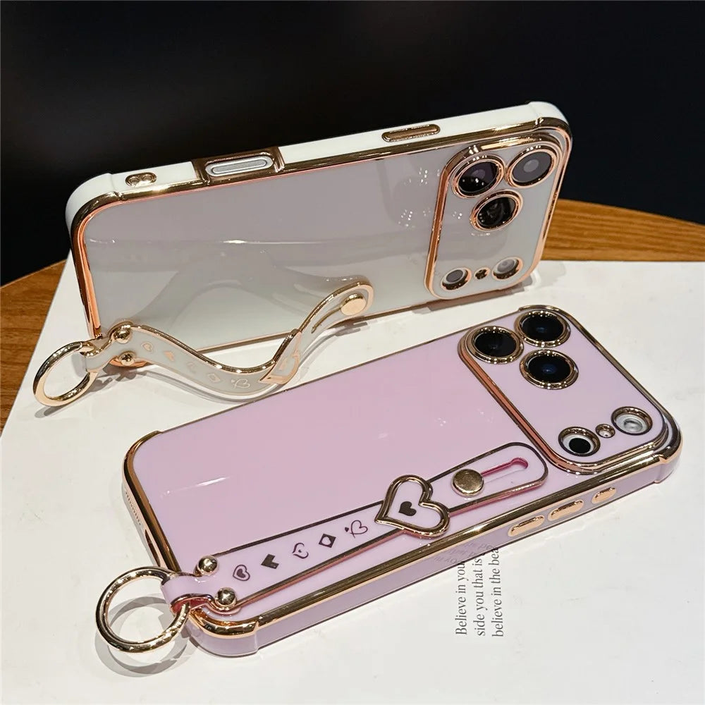 For iPhone  18 Pro / 17  Pro Case Heart Wristband Kickstand Electroplated TPU Phone Cover - Ivory White - 6