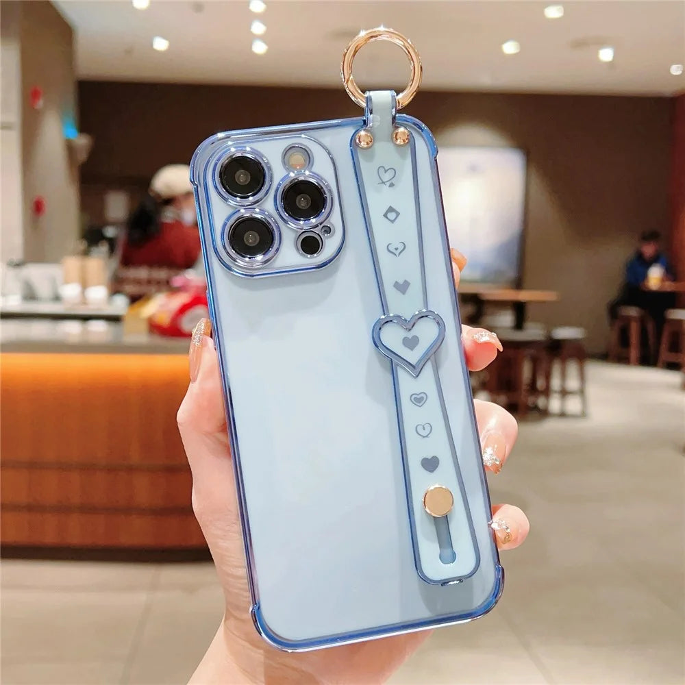 For iPhone 15 Pro Max Case Heart Wristband Kickstand Electroplated TPU Phone Cover - Blue - 1