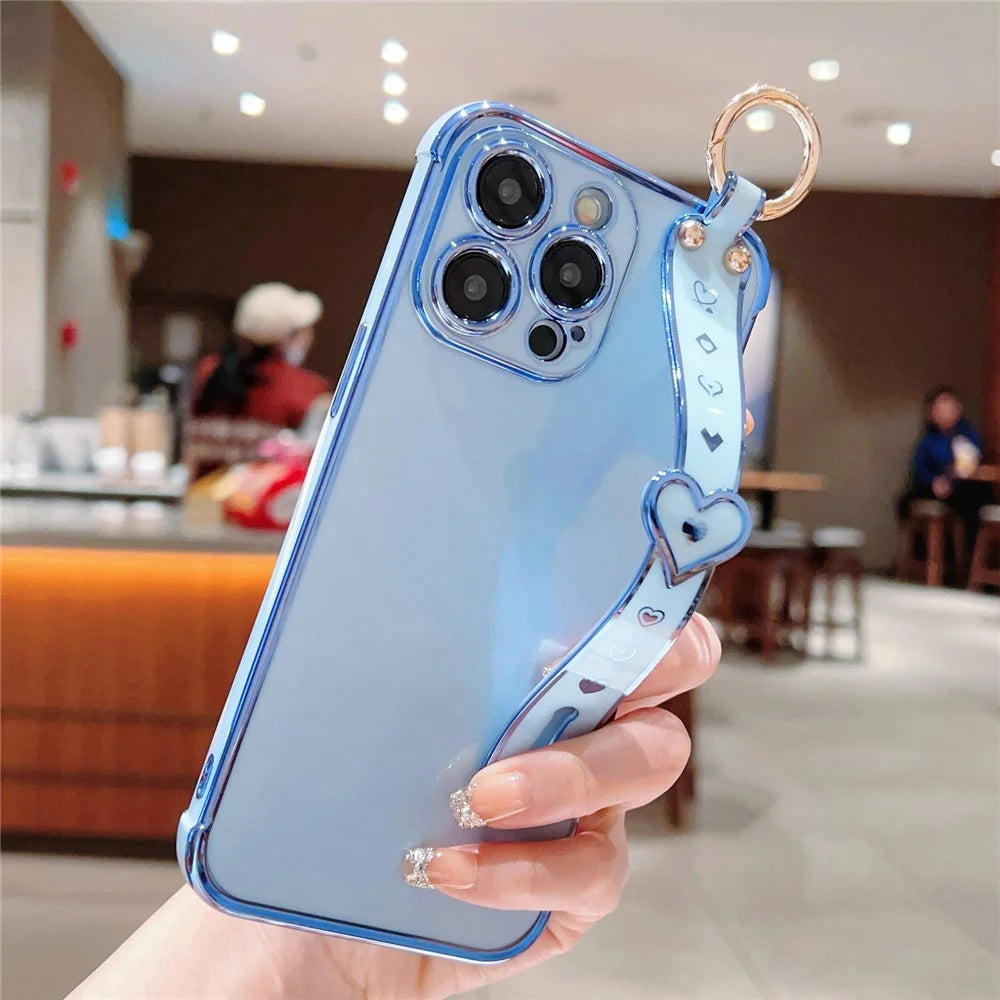 For iPhone 15 Pro Max Case Heart Wristband Kickstand Electroplated TPU Phone Cover - Blue - 2