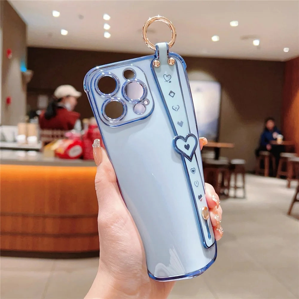 For iPhone 15 Pro Max Case Heart Wristband Kickstand Electroplated TPU Phone Cover - Blue - 3