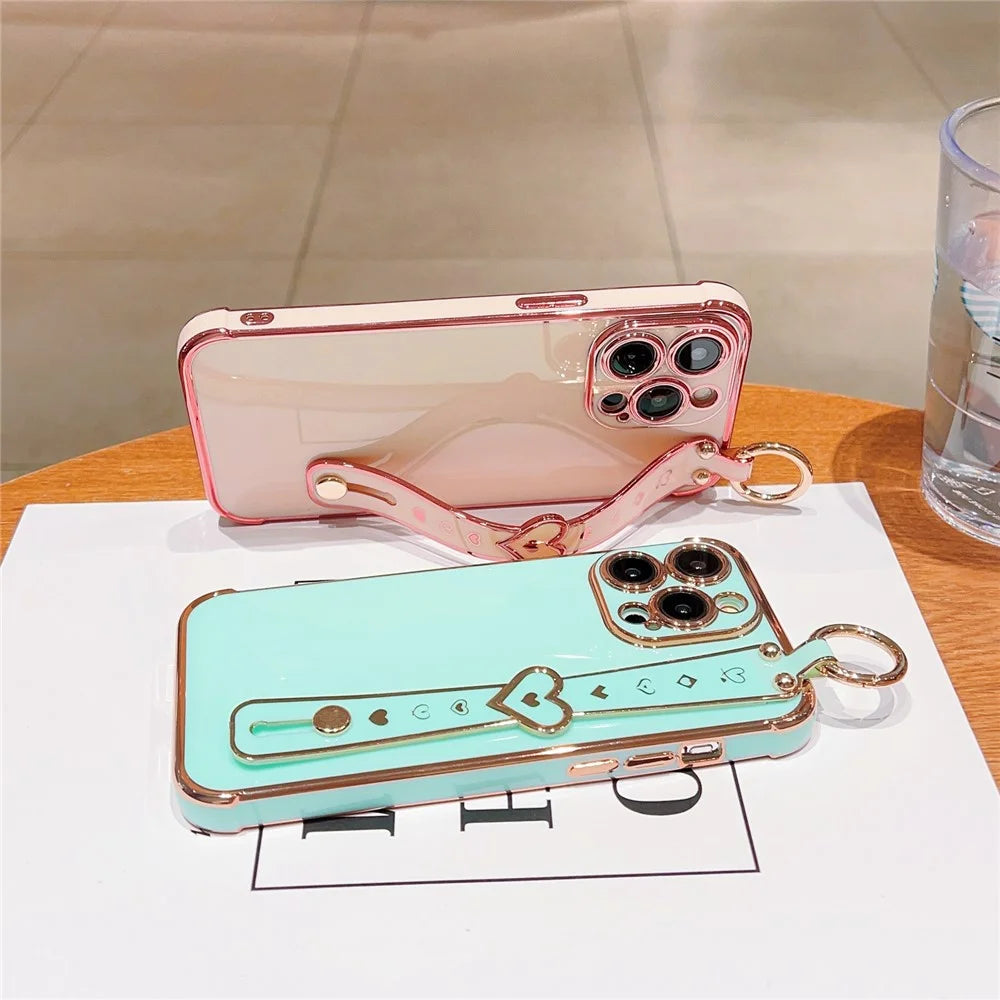 For iPhone 15 Pro Max Case Heart Wristband Kickstand Electroplated TPU Phone Cover - Blue - 5