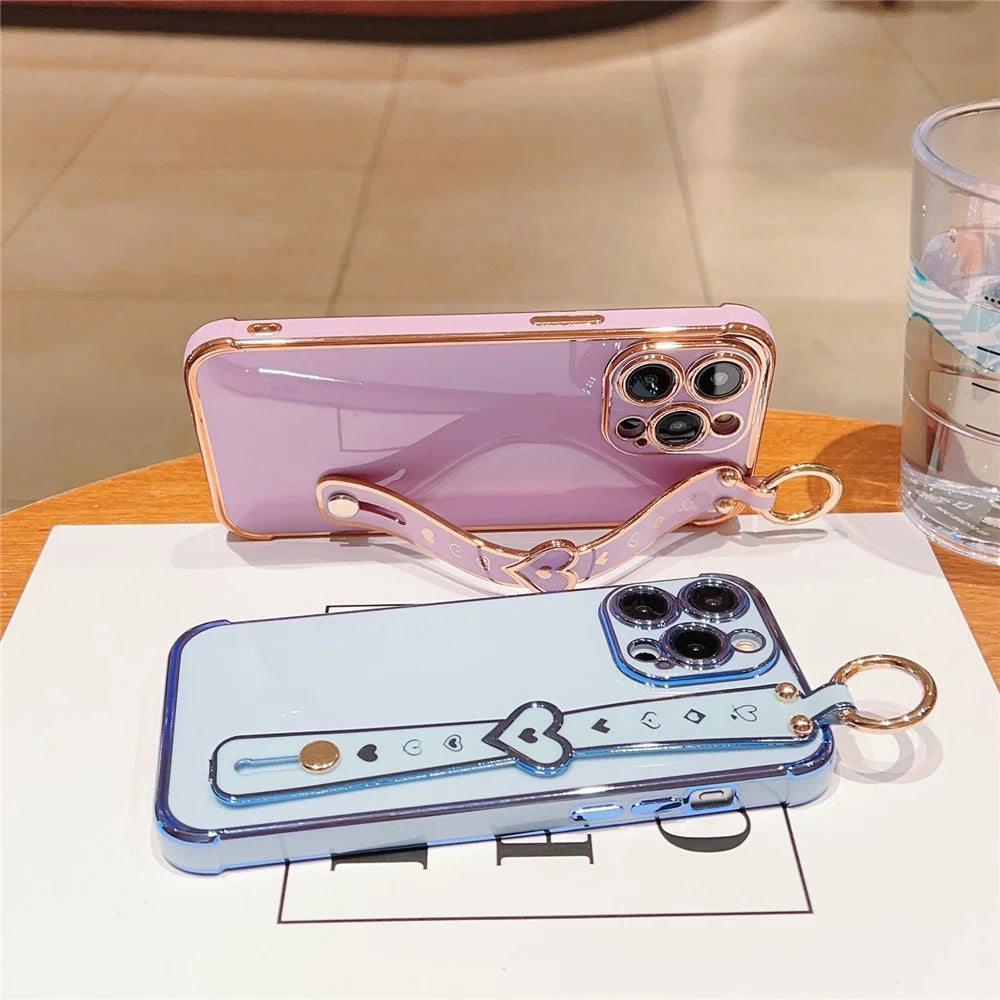 For iPhone 15 Pro Max Case Heart Wristband Kickstand Electroplated TPU Phone Cover - Blue - 6