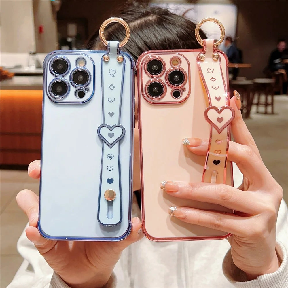 For iPhone 15 Pro Max Case Heart Wristband Kickstand Electroplated TPU Phone Cover - Blue - 7