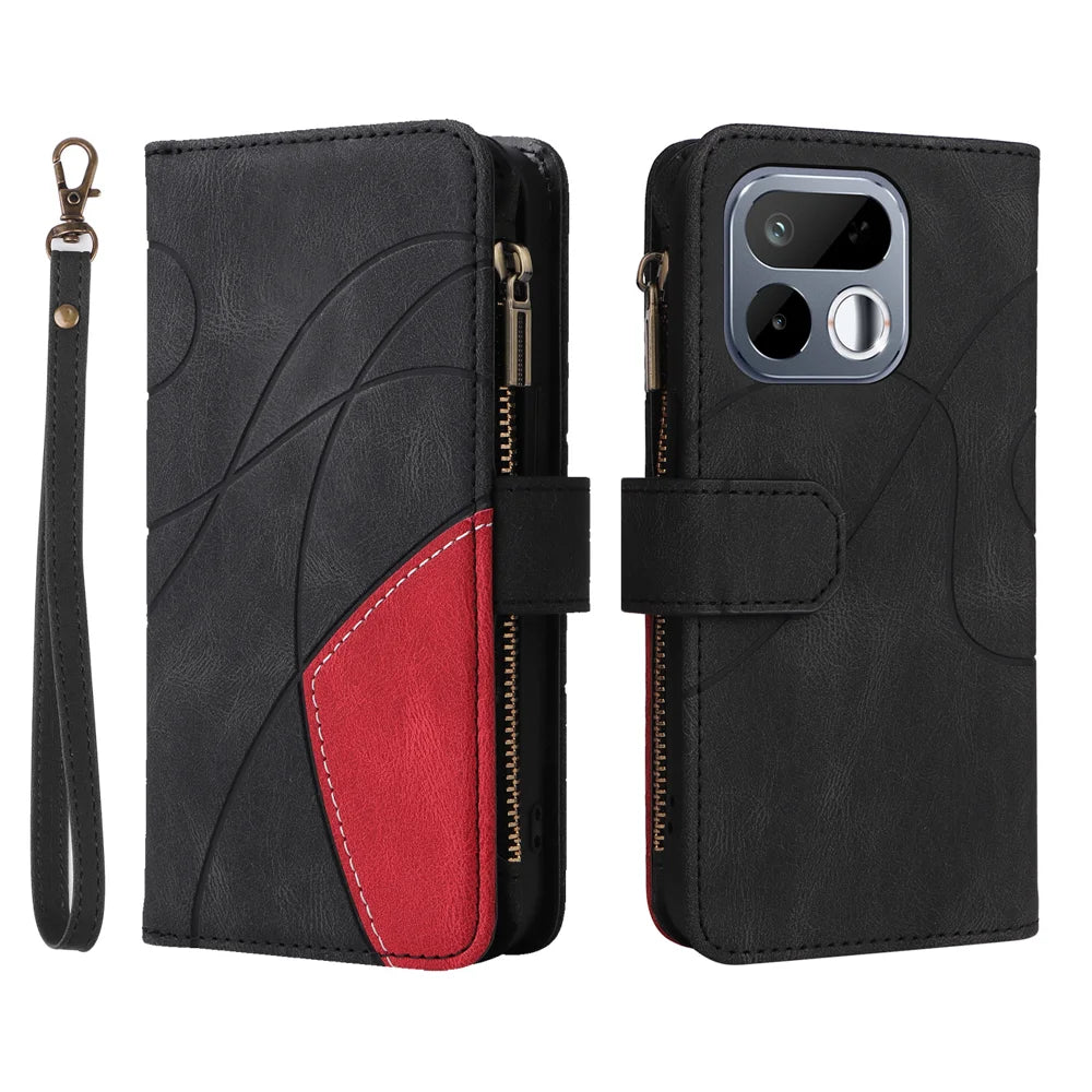 For Realme 16T 5G Leather Case with Strap Zipper 9 Card Slot Phone Cover Stand - Black - 1
