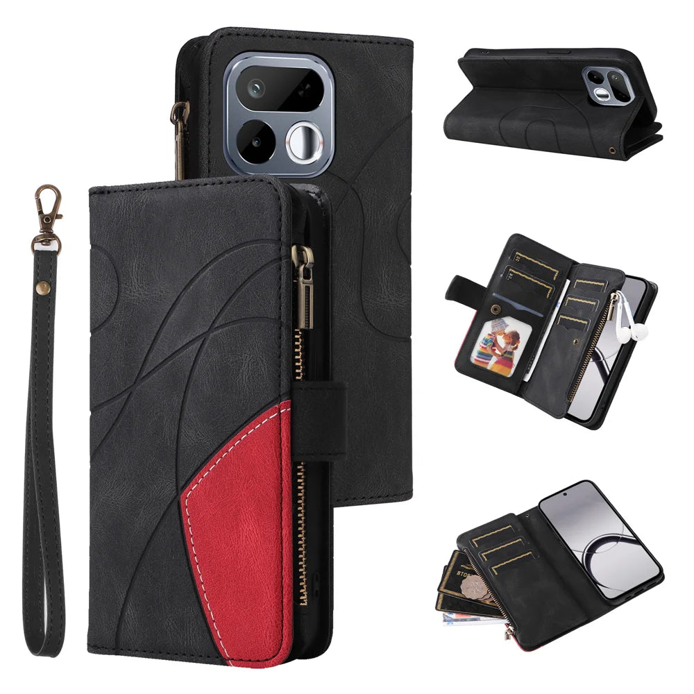 For Realme 16T 5G Leather Case with Strap Zipper 9 Card Slot Phone Cover Stand - Black - 2