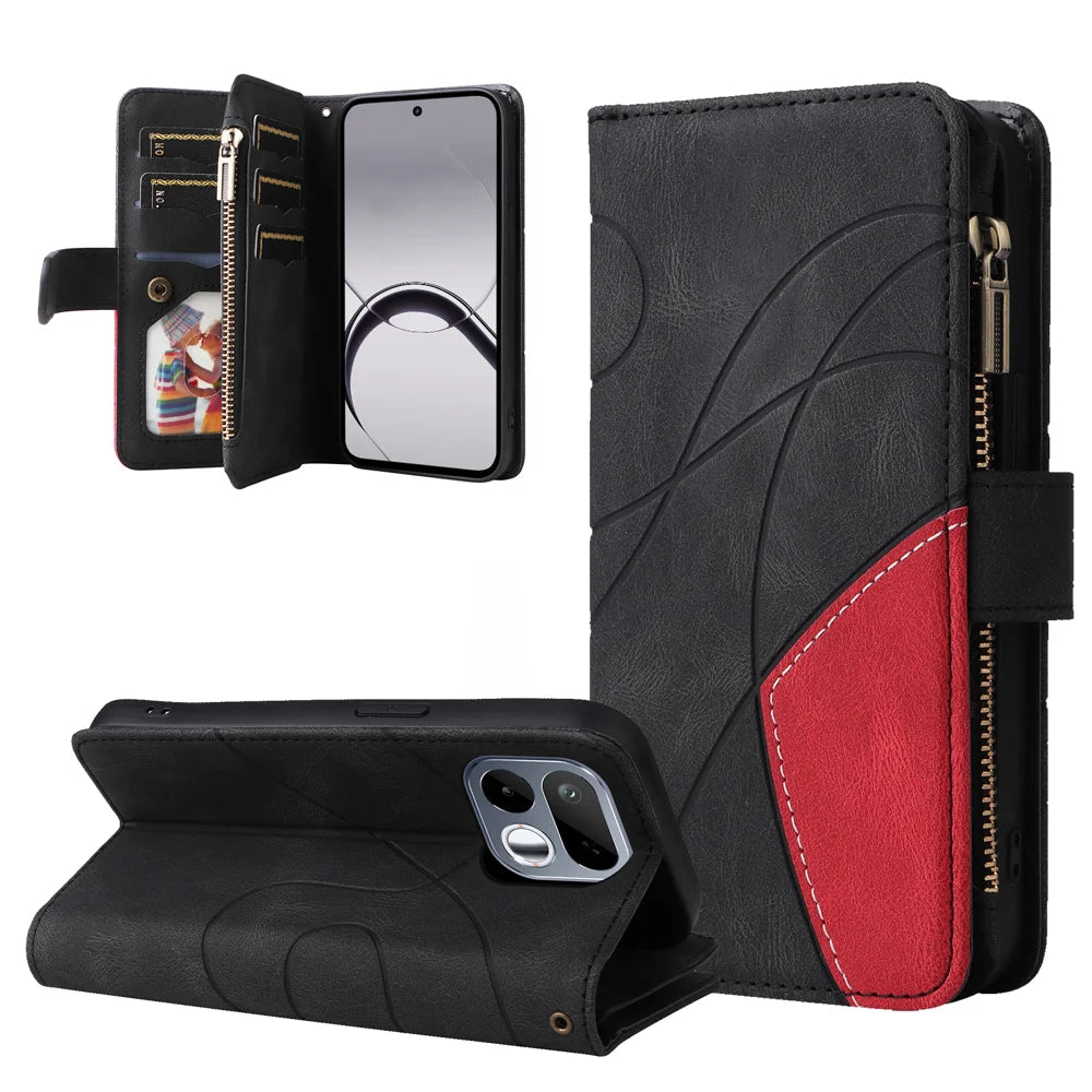 For Realme 16T 5G Leather Case with Strap Zipper 9 Card Slot Phone Cover Stand - Black - 3