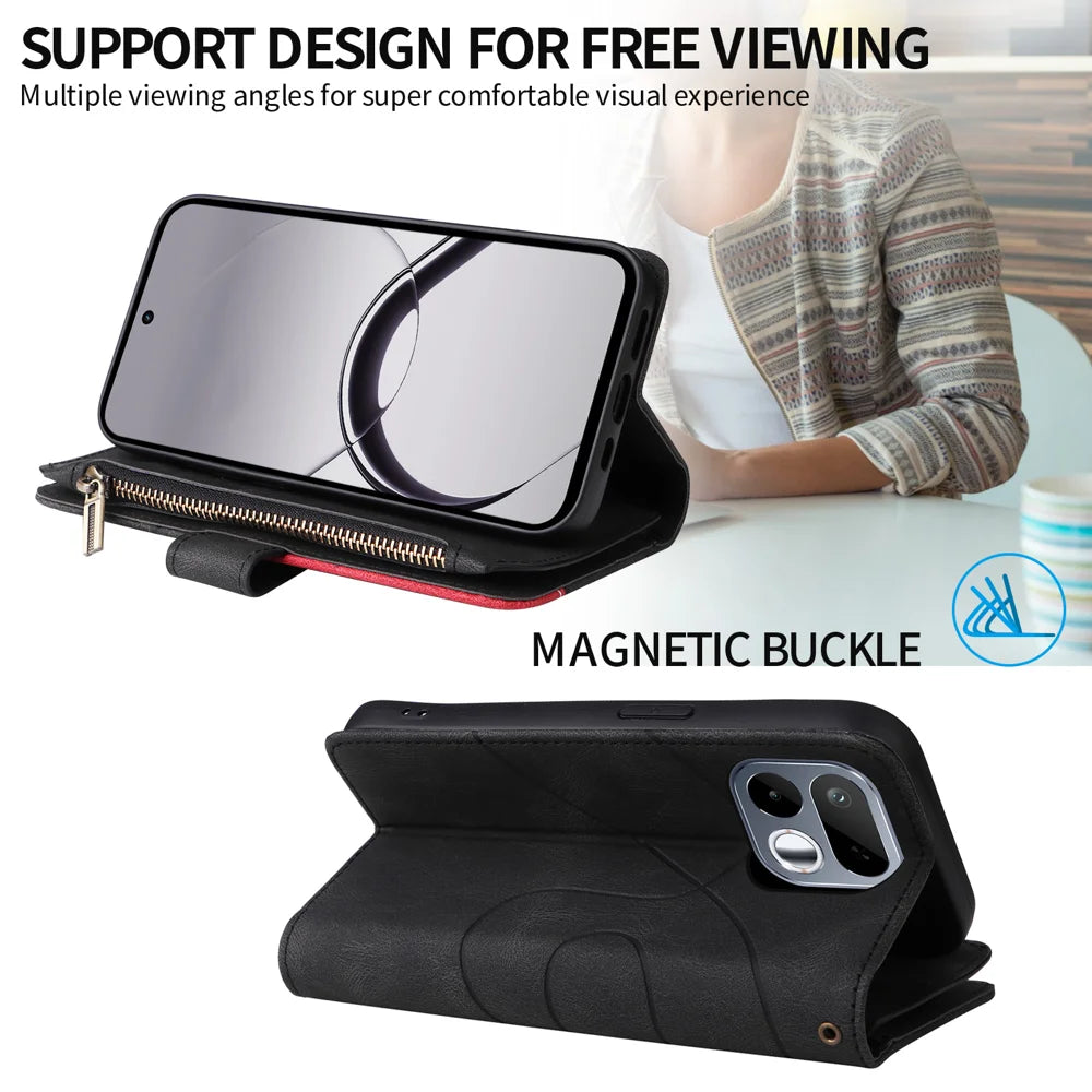 For Realme 16T 5G Leather Case with Strap Zipper 9 Card Slot Phone Cover Stand - Black - 4