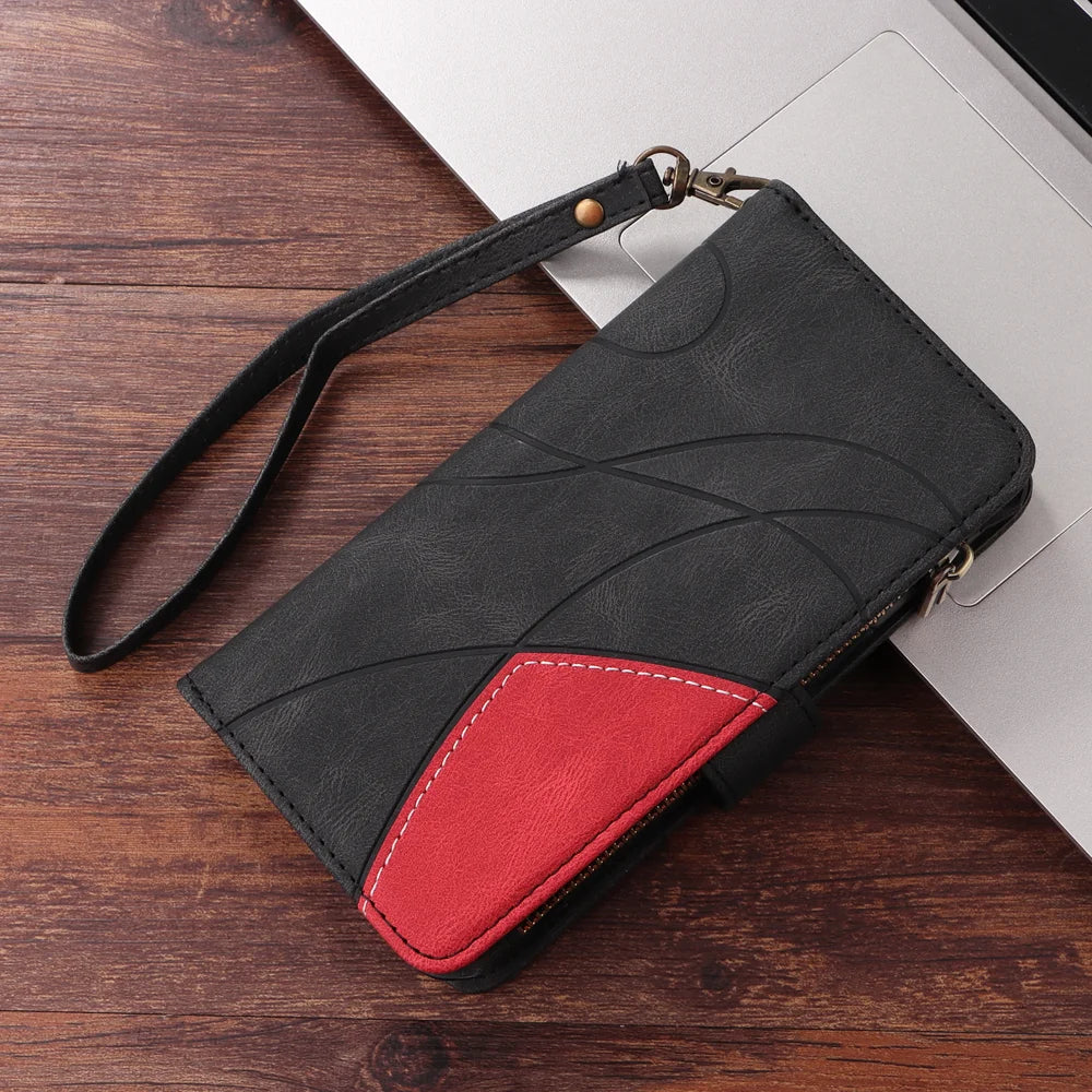 For Realme 16T 5G Leather Case with Strap Zipper 9 Card Slot Phone Cover Stand - Black - 5