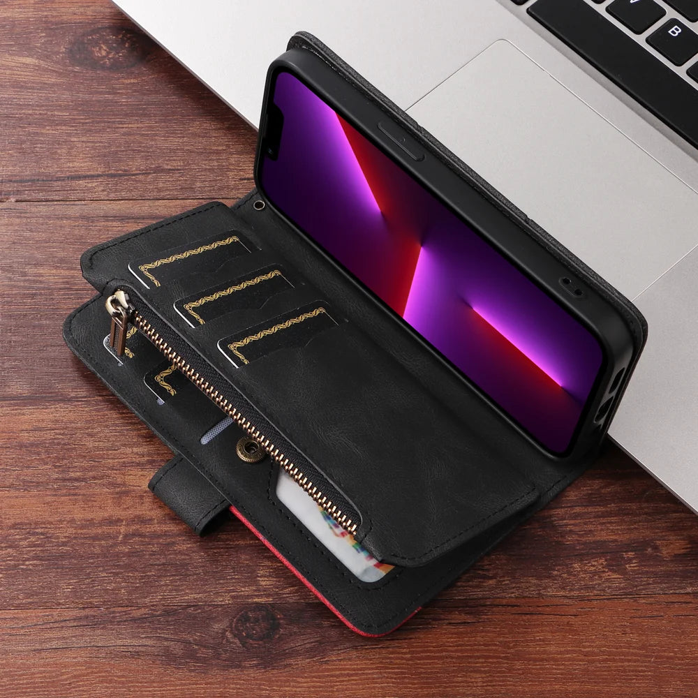 For Realme 16T 5G Leather Case with Strap Zipper 9 Card Slot Phone Cover Stand - Black - 6
