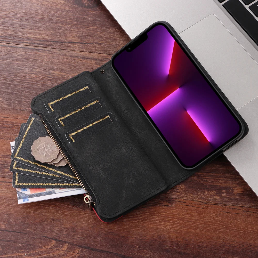 For Realme 16T 5G Leather Case with Strap Zipper 9 Card Slot Phone Cover Stand - Black - 7