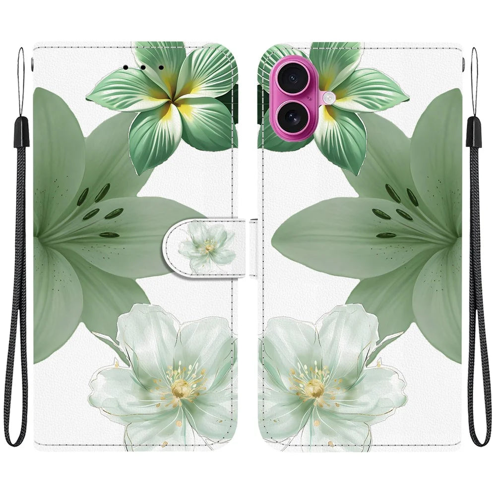 For iPhone 17 Case Pattern Printing PU Leather Wallet Flip Stand Phone Cover with Wrist Strap - Cyan Lily - 1