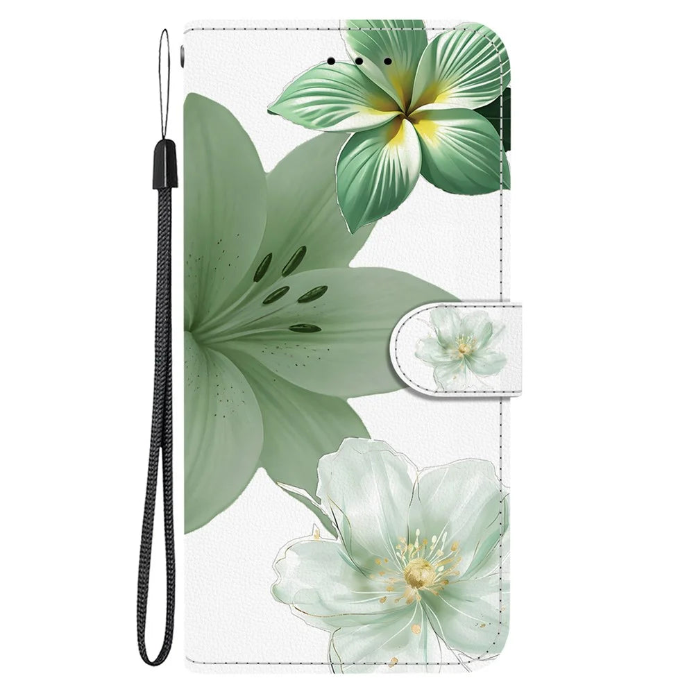 For iPhone 17 Case Pattern Printing PU Leather Wallet Flip Stand Phone Cover with Wrist Strap - Cyan Lily - 7