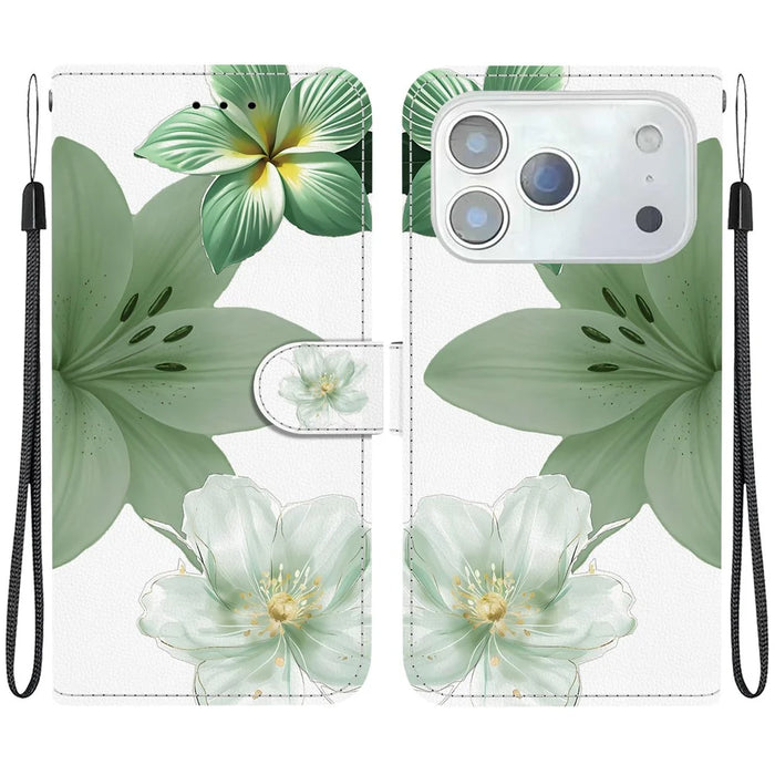 For iPhone 18 Pro Max / 17 Pro Max Case Pattern Printing PU Leather Wallet Flip Stand Phone Cover with Wrist Strap - Cyan Lily - 1