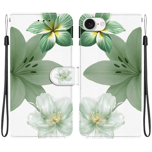 For iPhone 17e / 16e Case Pattern Printing PU Leather Wallet Flip Stand Phone Cover with Wrist Strap - Cyan Lily - 1