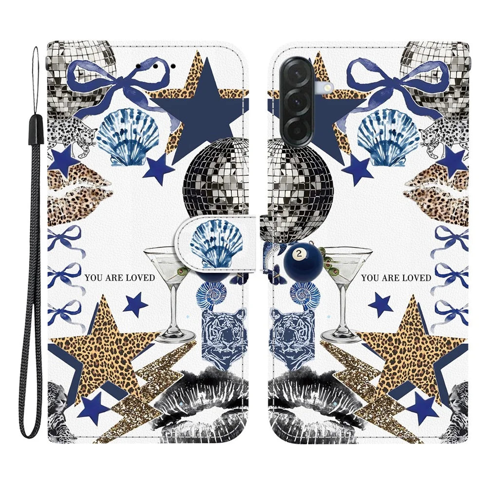 For Samsung Galaxy A57 5G Case Pattern Printing PU Leather Wallet Flip Stand Phone Cover with Wrist Strap - Leopard-Print Star Bow - 1