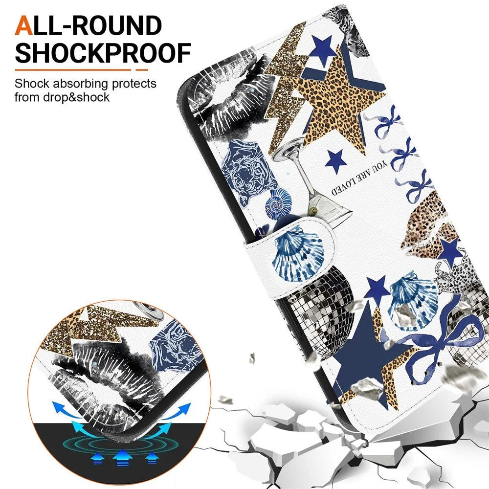 For Samsung Galaxy A57 5G Case Pattern Printing PU Leather Wallet Flip Stand Phone Cover with Wrist Strap - Leopard-Print Star Bow - 5